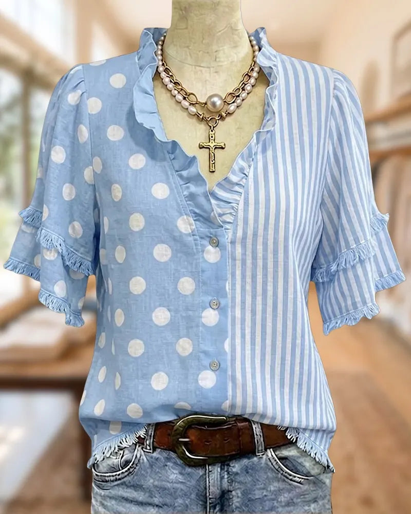 Polka Dot & Striped Tiered Sleeve V Neck Button Front Blouse