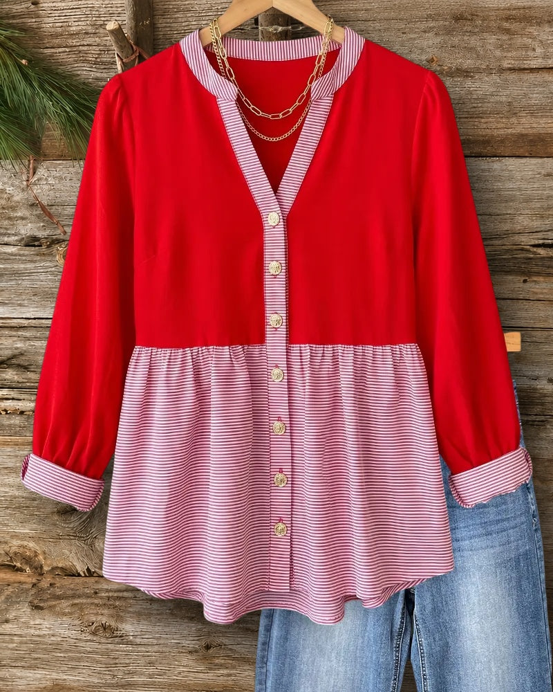 Contrast Striped Placket V Neck Button Front Peplum Blouse