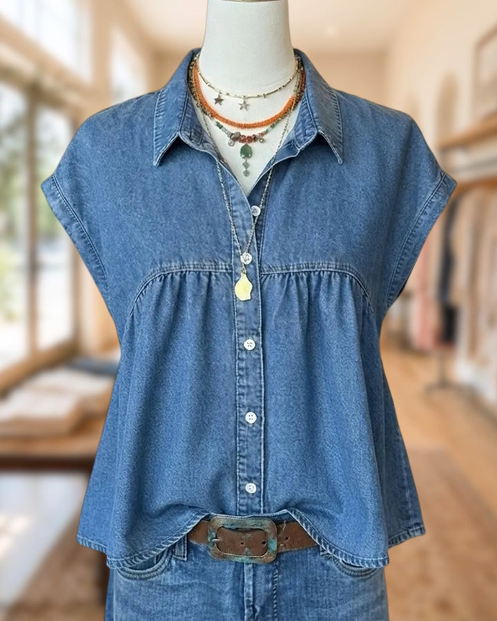 Collared Button Front Cap Sleeve Gathered Loose Casual Shirt
