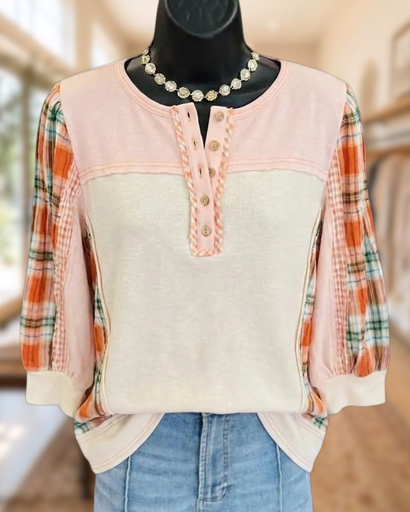 Plaid Sleeve Henley Neck Contrast Panel Relaxed Fit Casual Top