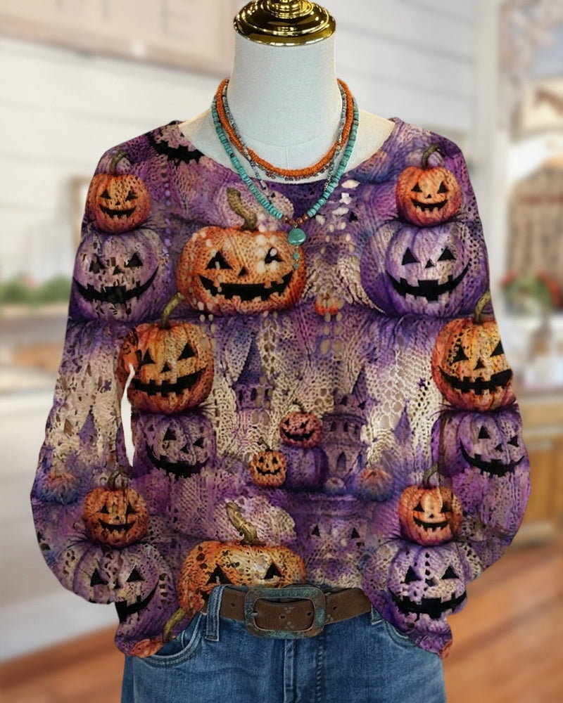 Crocheted Halloween Print 3/4 Sleeve Sweater