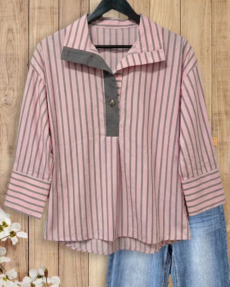 Striped Contrast Placket Collared 3/4 Sleeve Relaxed Fit Shirt