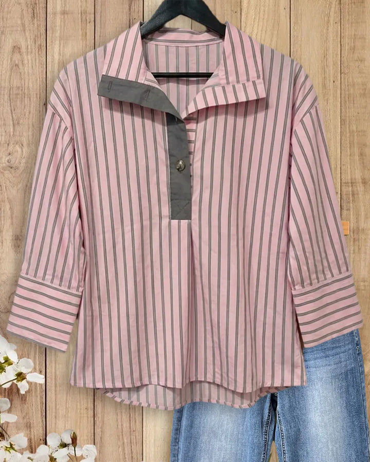 Striped Contrast Placket Collared 3/4 Sleeve Relaxed Fit Shirt