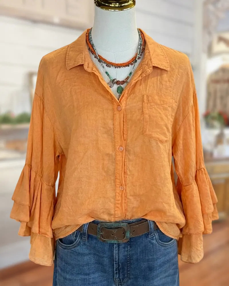 Collared Button Front Tiered Flare Sleeve Chest Pocket Shirt