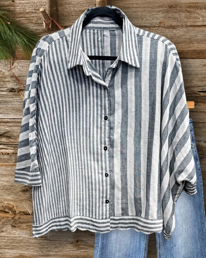 Striped Batwing Sleeve Button Down Oversized Shirt