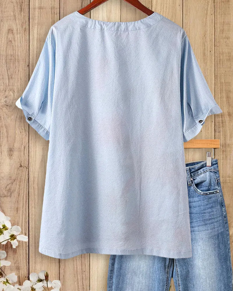 Floral Print Button Accent Short Sleeve O Neck Breezy Blouse