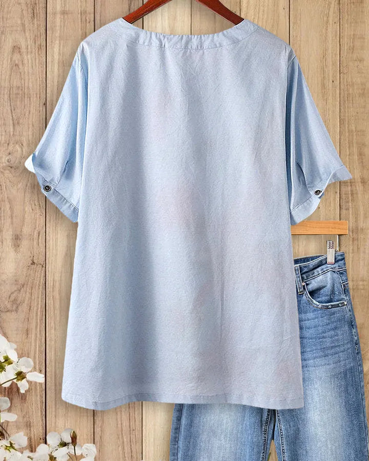 Floral Print Button Accent Short Sleeve O Neck Breezy Blouse