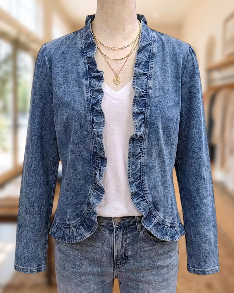 Ruffle Trim Open Front Long Sleeve Casual Denim Jacket