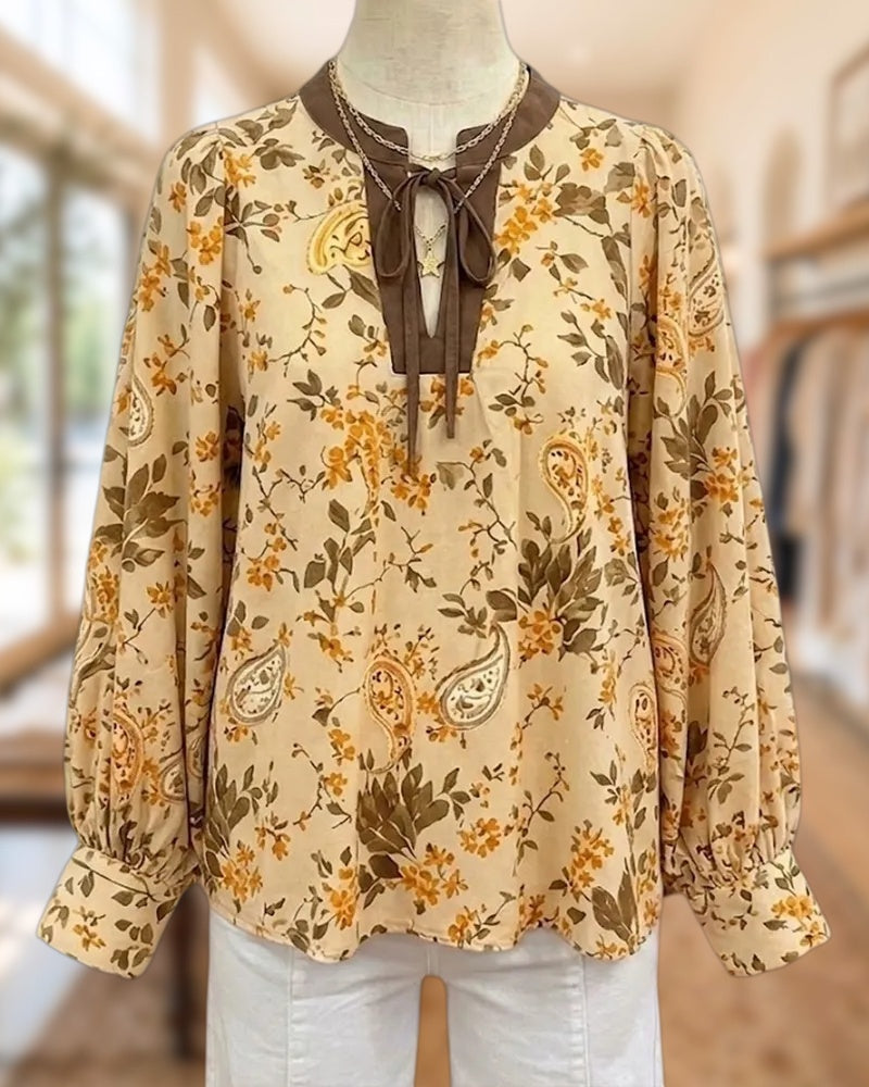 Contrast Trim Paisley Floral Print Tie Neck Lantern Sleeve Blouse