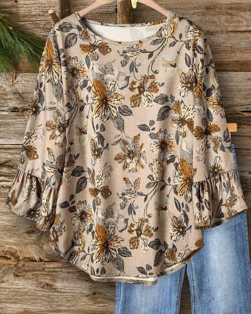 Floral Print Pastoral Trumpet Sleeve Blouse