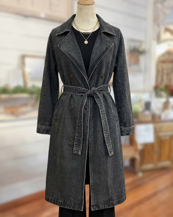 Double Breasted Belted Lapel Long Sleeve Denim Trench Coat