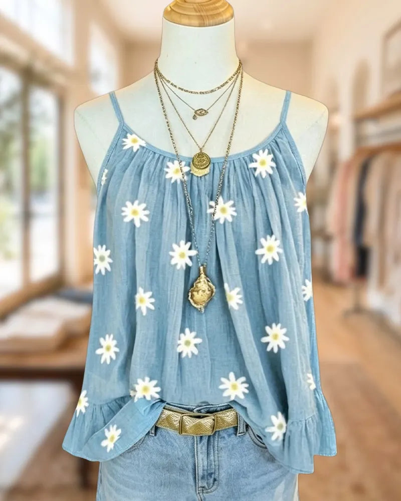 Daisy Printed Spaghetti Strap Ruffled Hem Cami Top