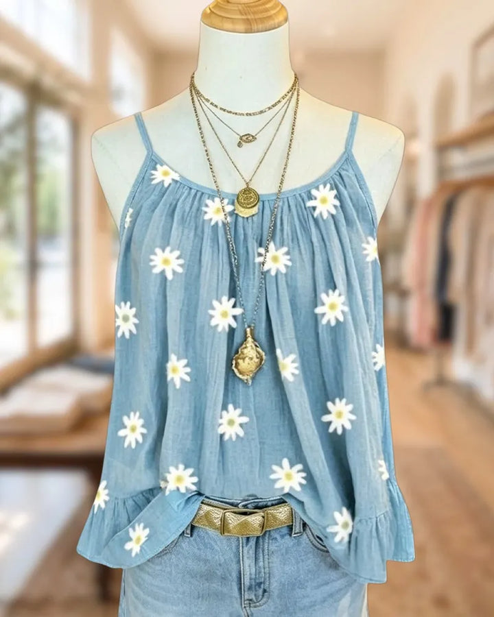 Daisy Printed Spaghetti Strap Ruffled Hem Cami Top