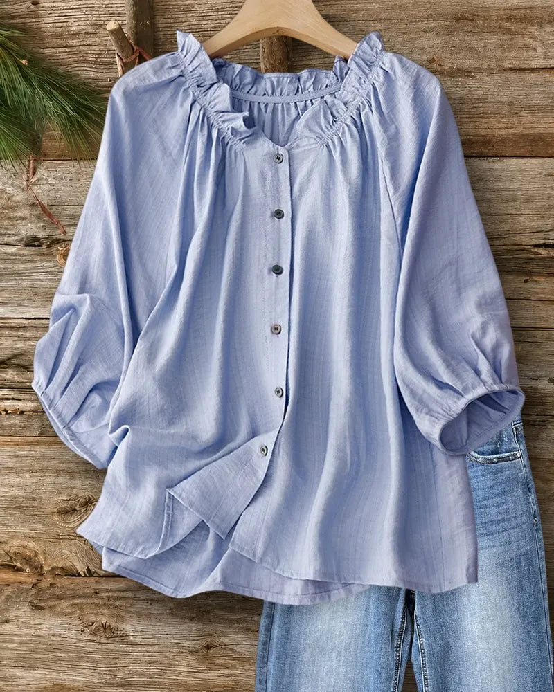 Solid Color Ruffled Collar Button Front Raglan Sleeve Pretty Blouse