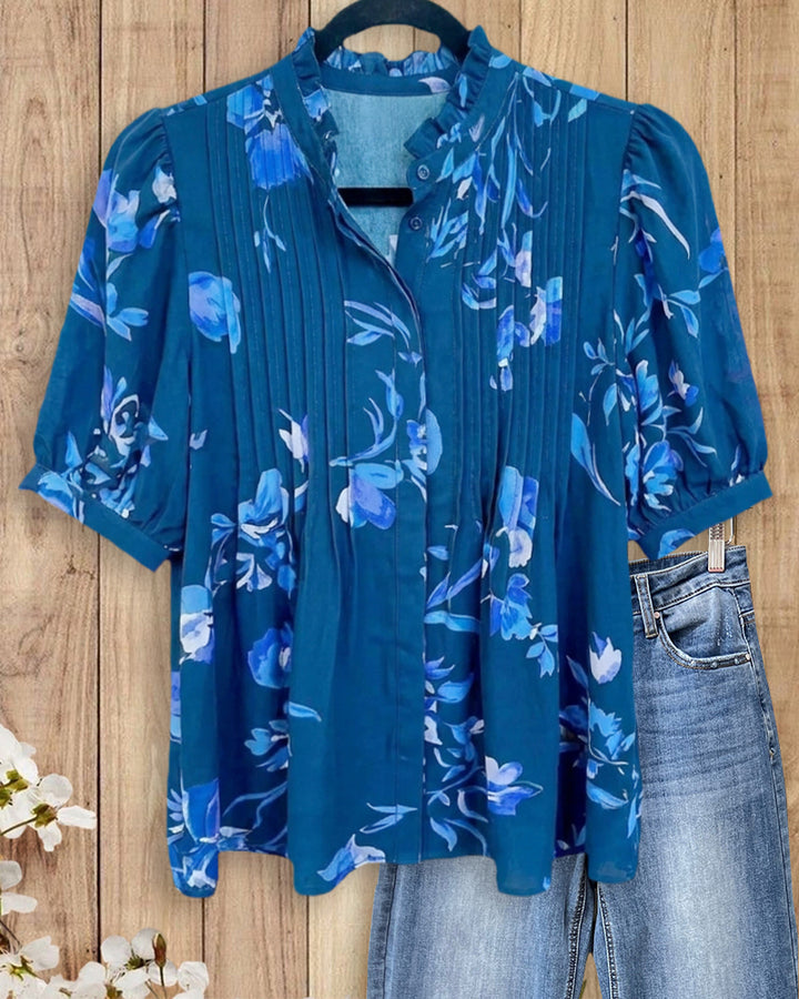 Floral Print Puff Sleeve Ruffled Collar Pleated Button Front Blouse