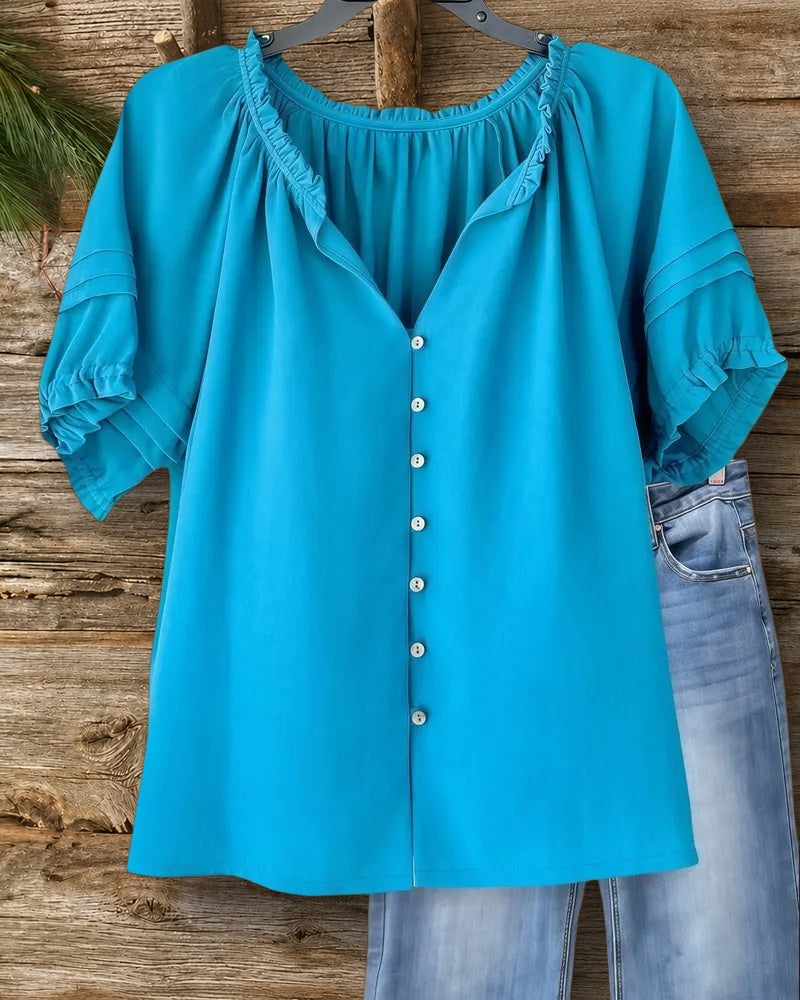 Solid Color V Neck Stylish Button Thru Blouse