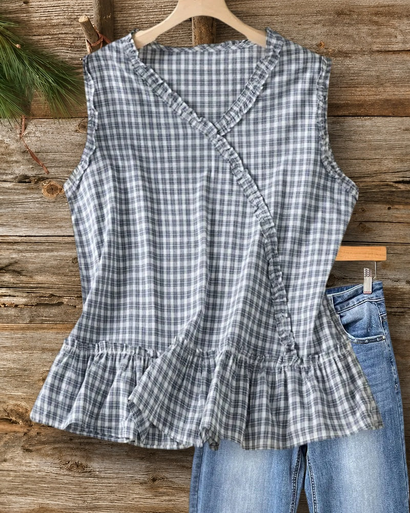 Plaid Wrap Neck Sleeveless Ruffled Peplum Hem Casual Blouse