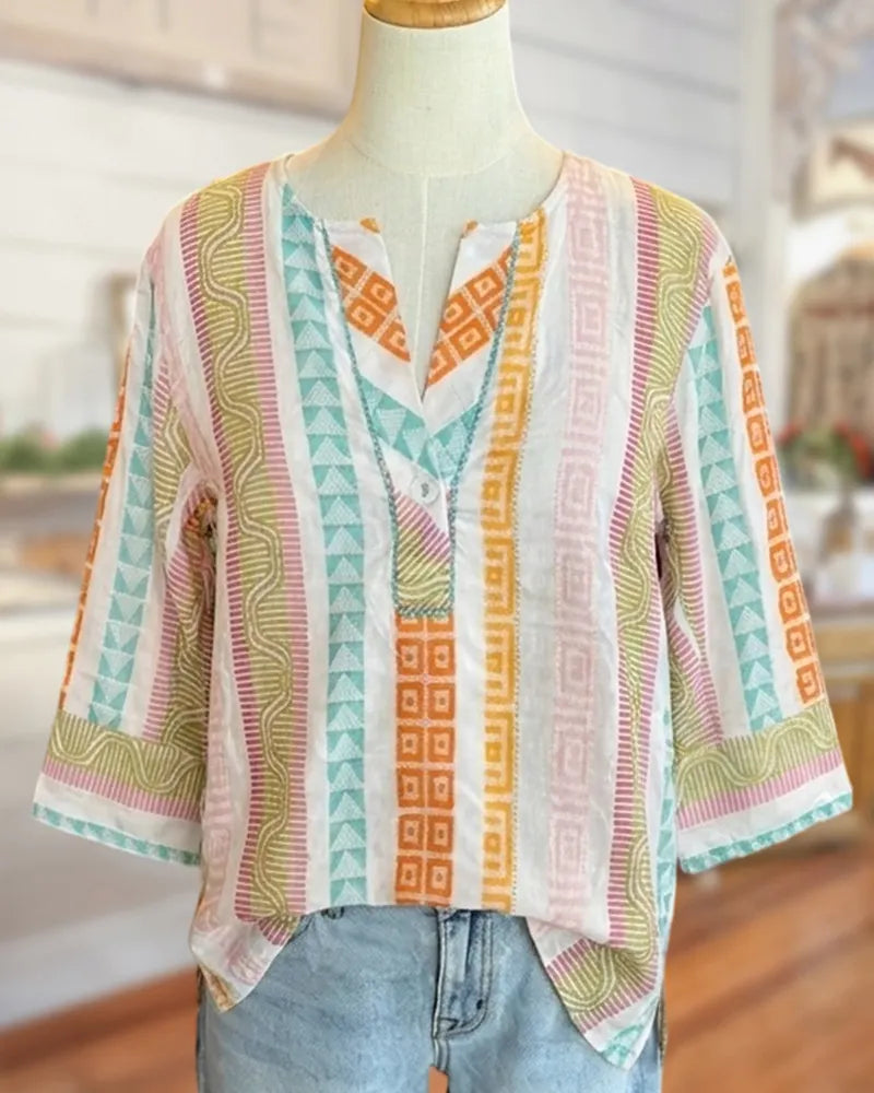 Geometric Print Split Neck 3/4 Sleeve Relaxed Fit Casual Blouse