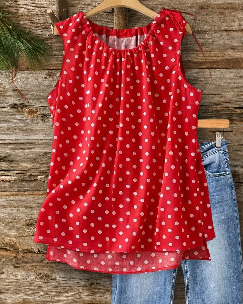Polka Dot Round Neck Tie Detail Sleeveless Tank Top