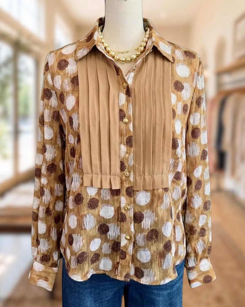 Pleated Front Button Up Polka Dot Long Sleeve Blouse