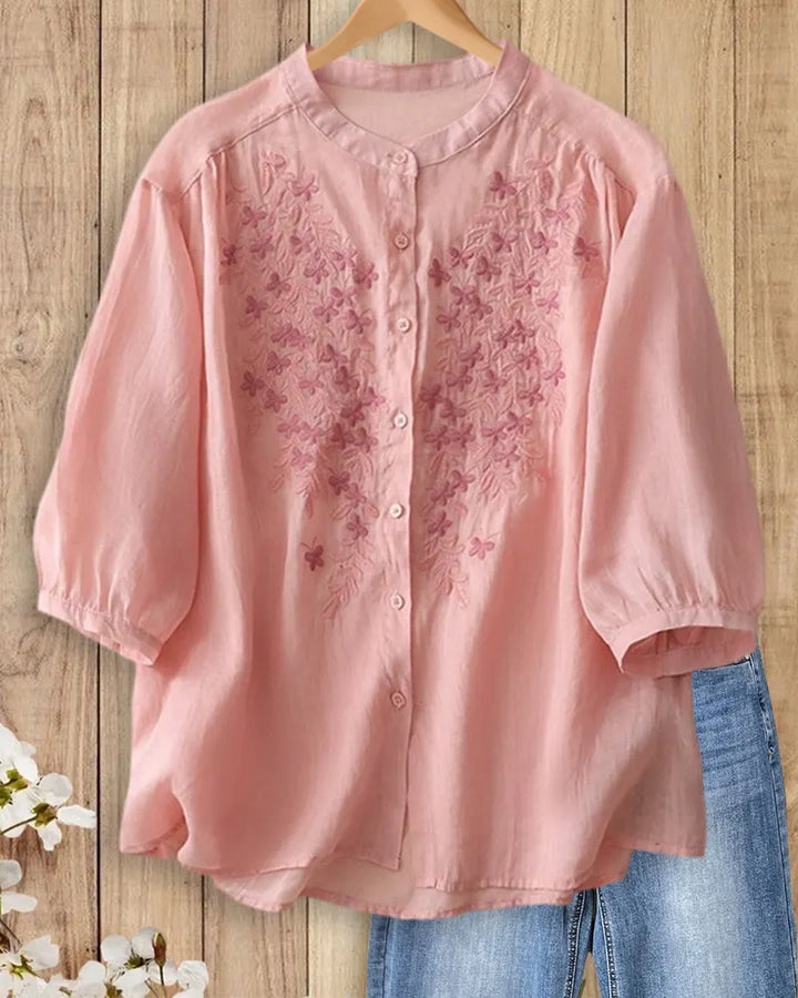 Mandarin Collar Embroidered Button Front 3/4 Sleeve Loose Blouse