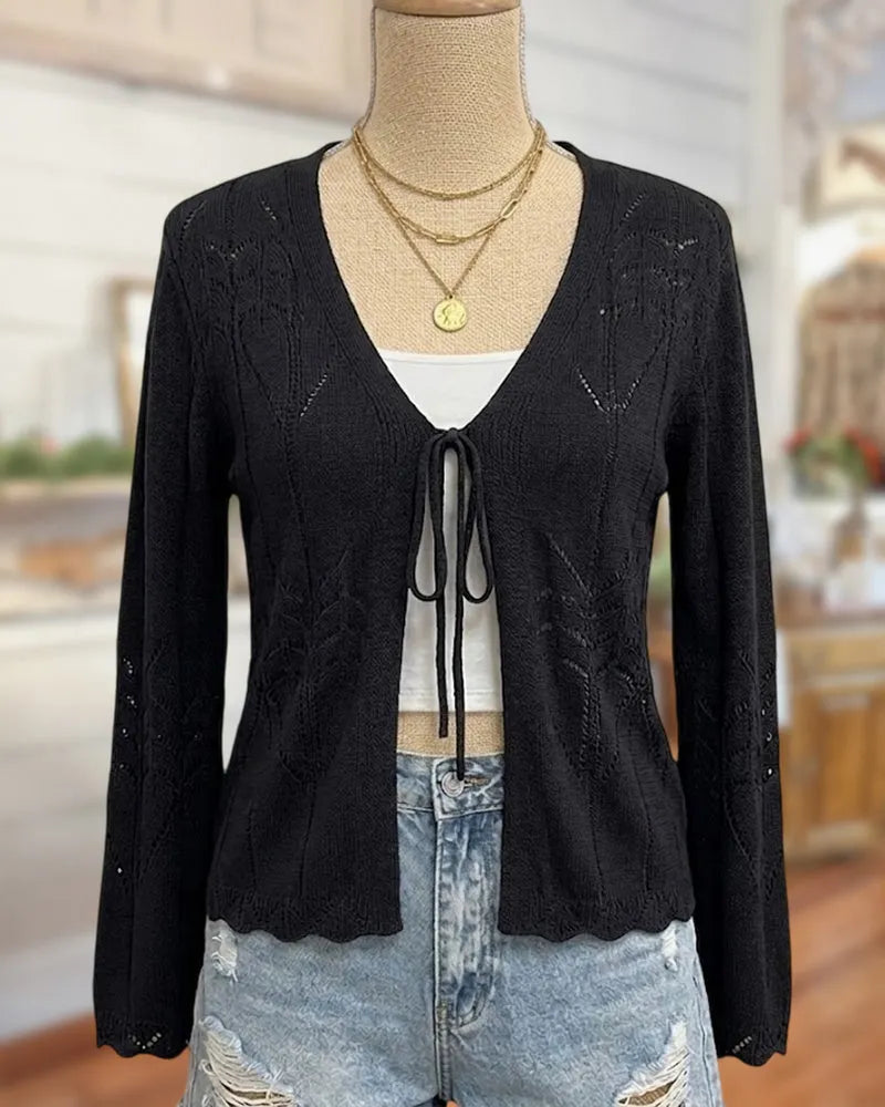 Tie Front Pointelle Knit Long Sleeve Scalloped Hem Cardigan