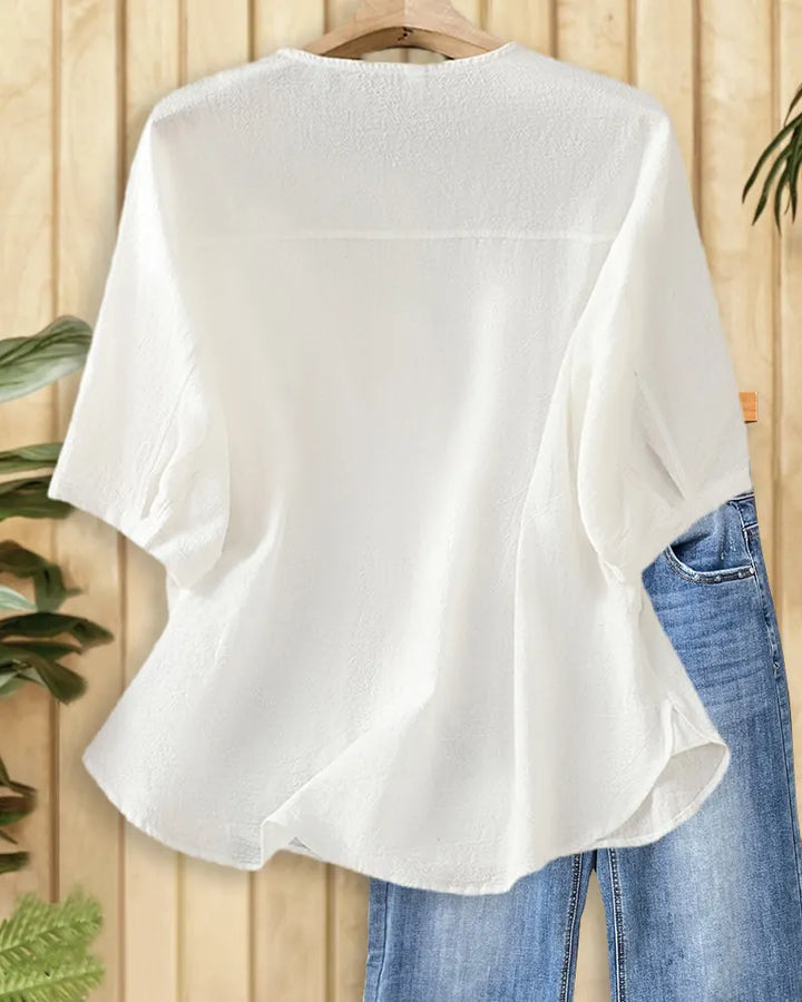 Solid Color Button Front Relaxed O Neck Blouse