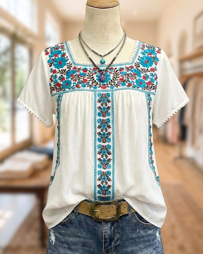 Square Neck Embroidered Pom Pom Trim Loose Short Sleeve Blouse