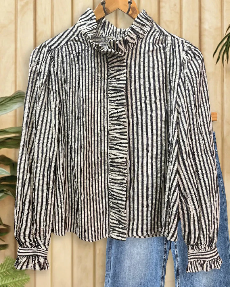 Striped Feminine Ruffles Trim Blouse