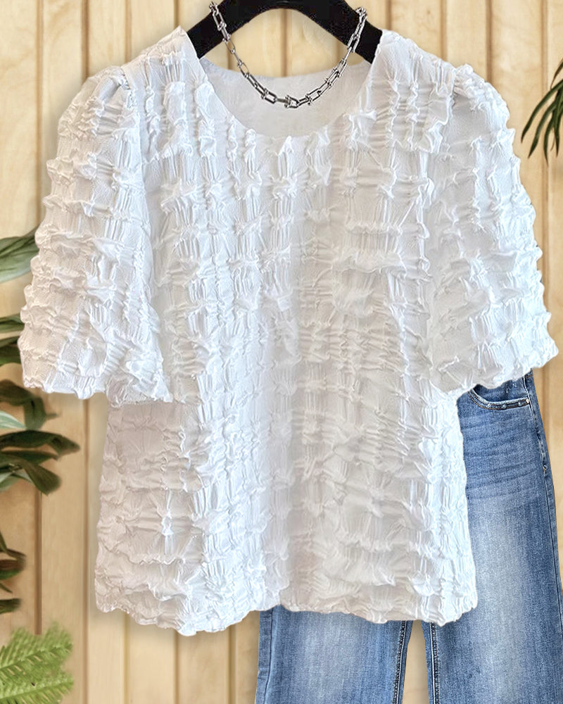 Solid Color Round Neck Unique Textured T-Shirt