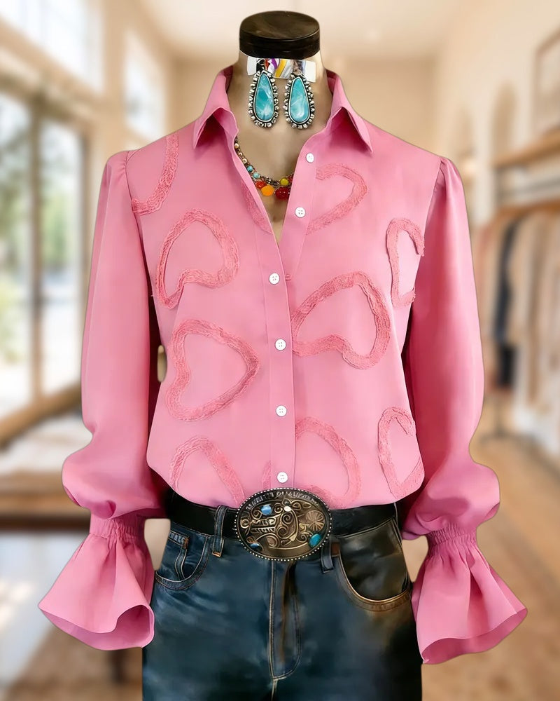 Heart Applique Romantic Trumpet Sleeve Button Up Blouse