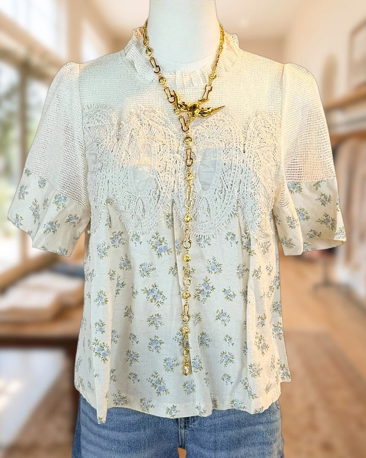 Floral Print Lace Trim Mesh Panel Short Sleeve Blouse