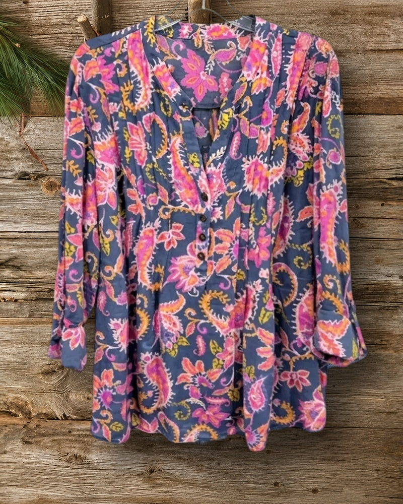 Paisley Print V Neck Button Front Pleated 3/4 Sleeve Blouse