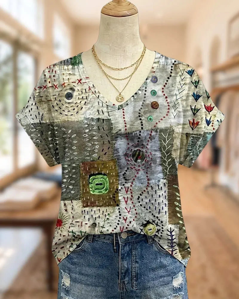 V Neck Patchwork Stitch Print Short Sleeve Artistic T-Shirt