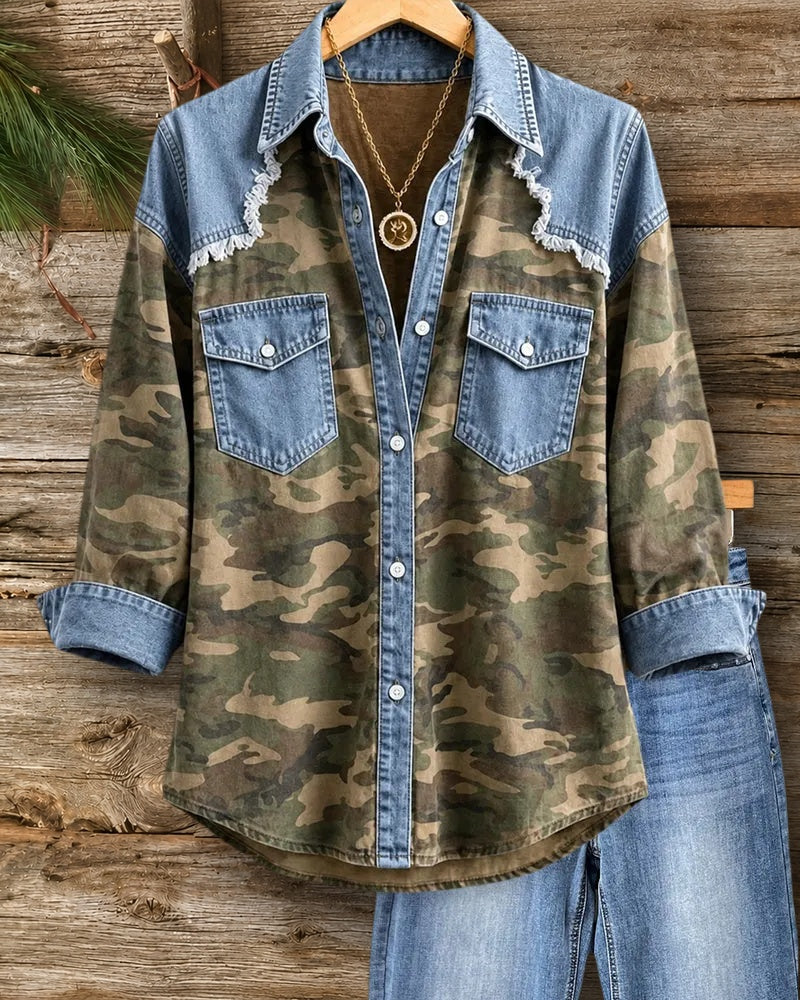 Contrast Camo Print Button Front Shirt With Flap Pockets