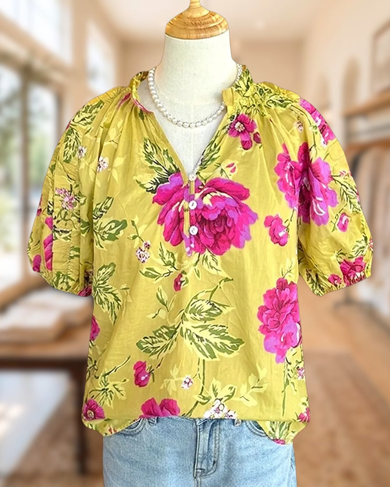 Floral Print Puff Sleeve Half Placket Loose Casual Blouse
