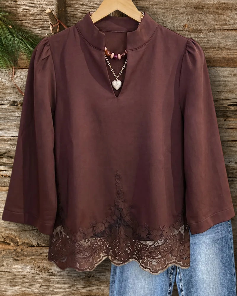 V Neck 3/4 Sleeve Lace Trim Blouse