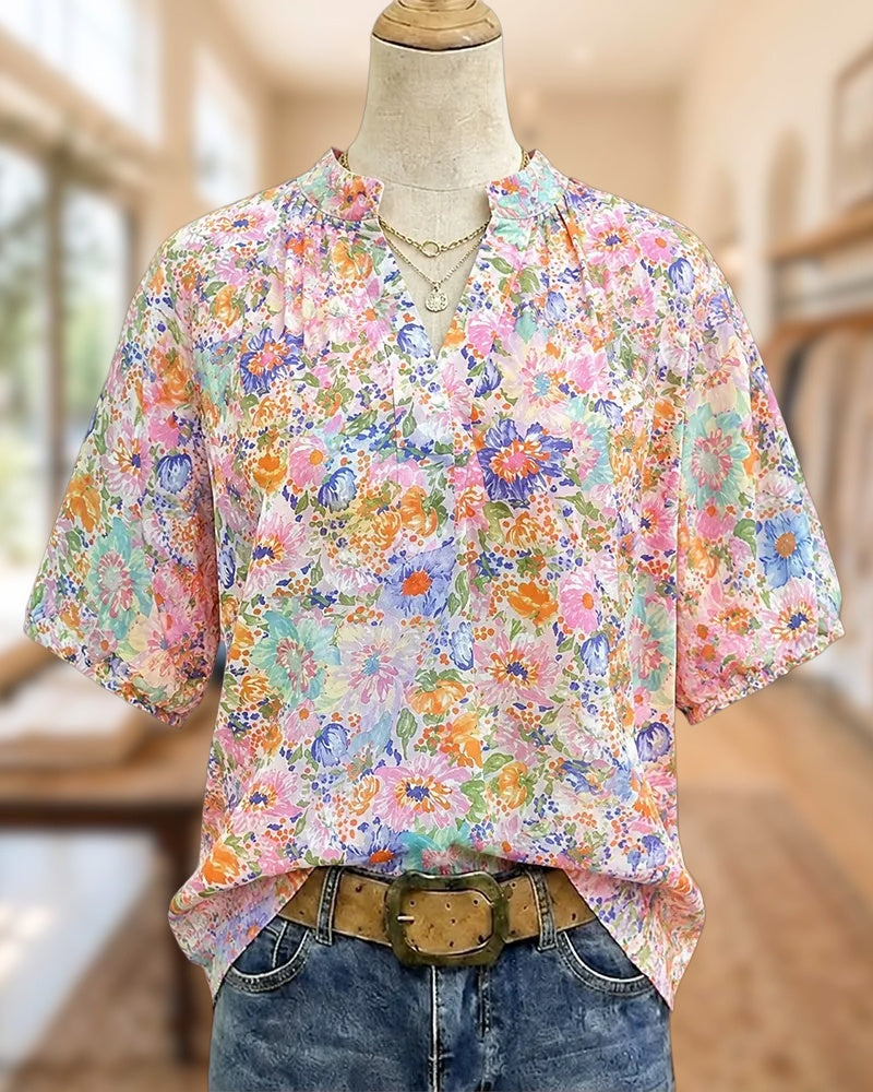 Colorful Floral Print V Neck Short Sleeve Loose Blouse