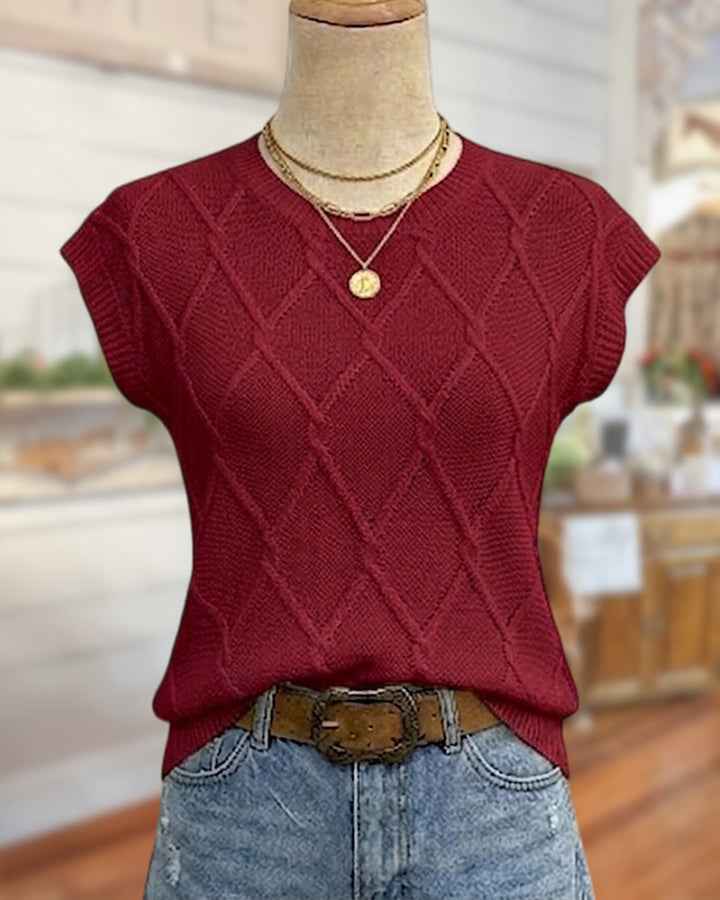 Cable Knit Cap Sleeve Crew Neck Casual Blouse