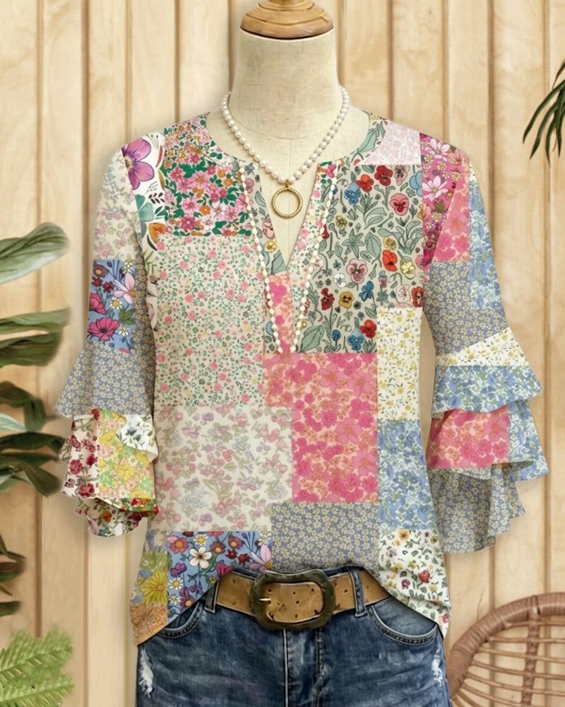 Casual Floral Print Tiered Ruffle Sleeve V Neck Blouse
