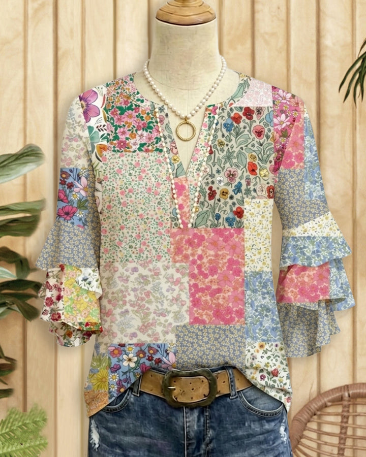 Casual Floral Print Tiered Ruffle Sleeve V Neck Blouse
