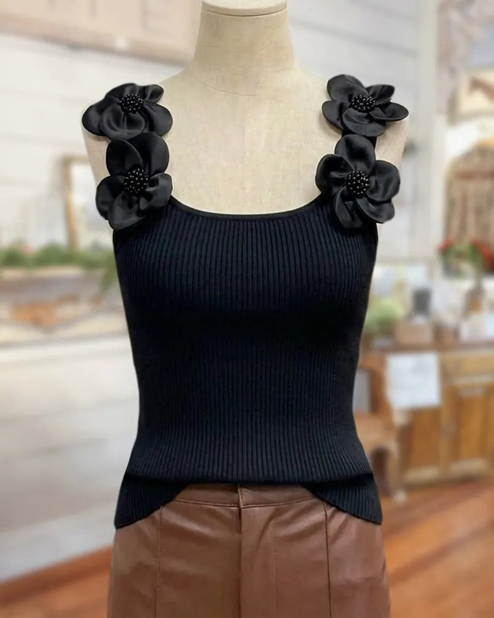 3D Floral Strap Ribbed Slim Fit Sleeveless Cami Top
