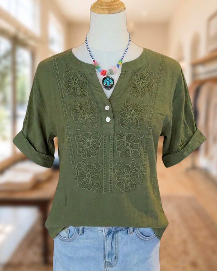 Floral Embroidered V Neck Rolled Cuff Short Sleeve Blouse