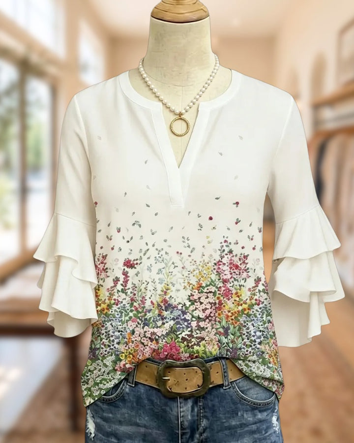 Casual Floral Print Tiered Ruffle Sleeve V Neck Blouse