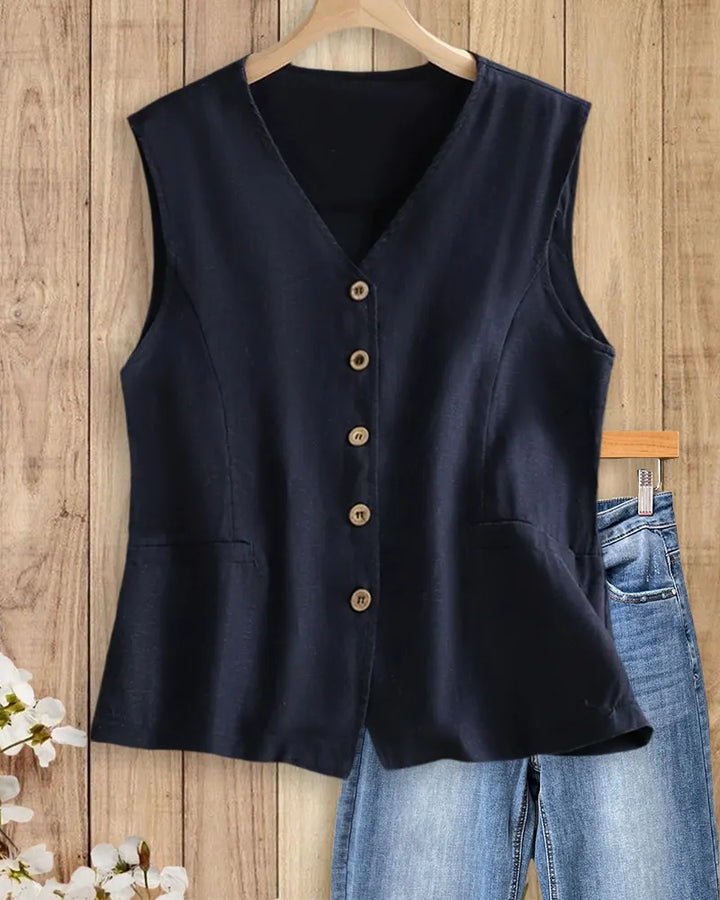 Casual V Neck Button Front Sleeveless Vest With Pockets