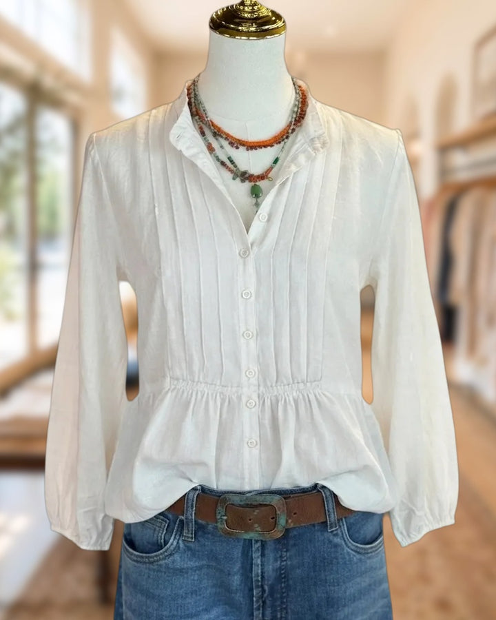 3/4 Sleeve Mandarin Collar Pintuck Gathered Waist Button Front Blouse