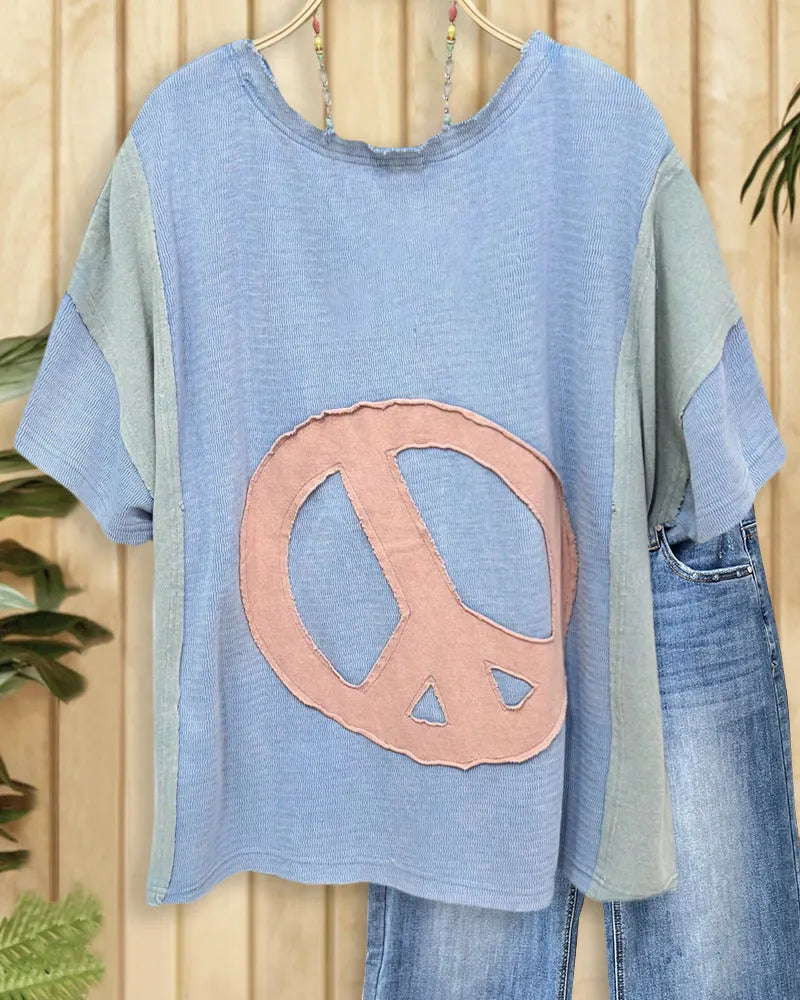 Peace Sign Applique Stylish Color Block Shirt