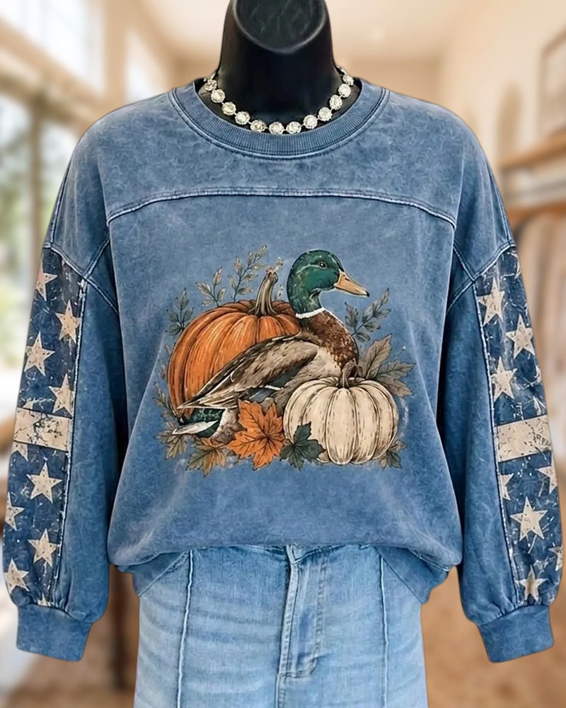 Duck Pumpkin Graphic Star Sleeve Detail Crew Neck Sweatshirt