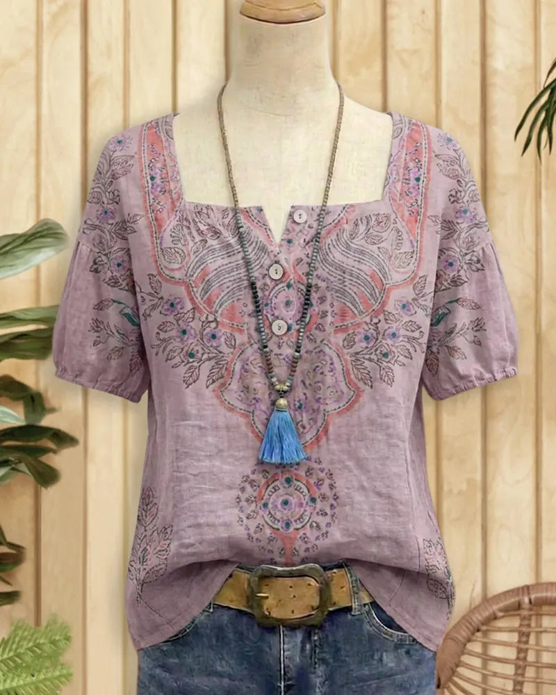 Square Neck Embroidered Button Front Short Sleeve Casual Blouse