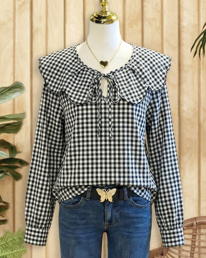 Gingham Playful Doll Collar Tie Front Blouse